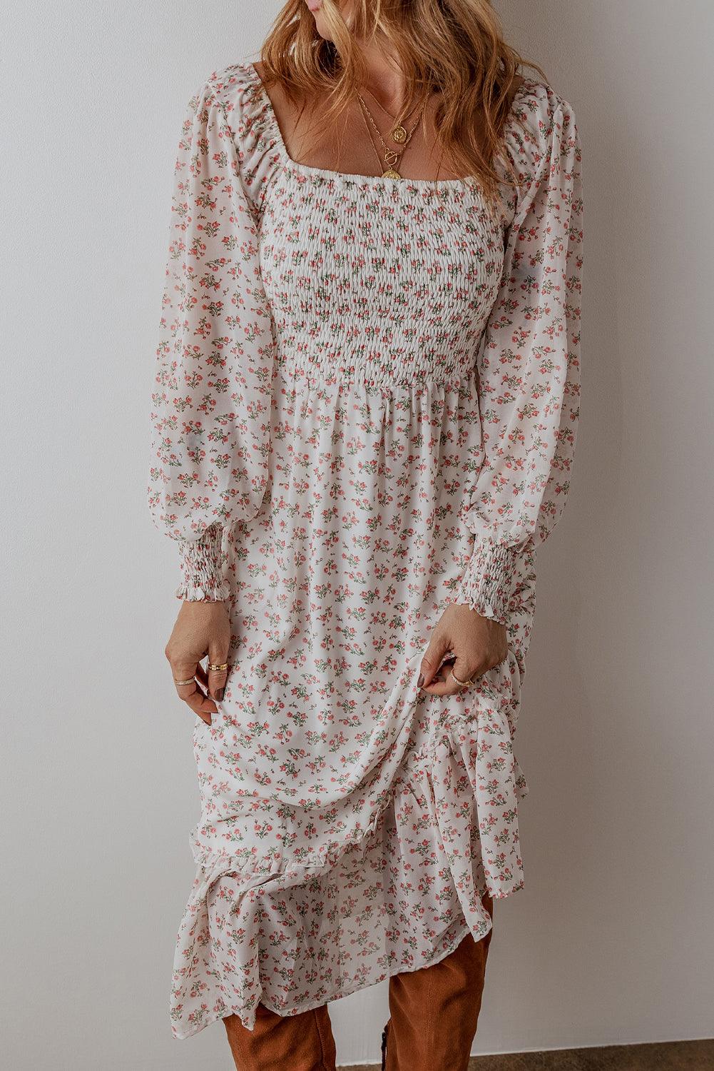 Midi Jurk met Bloemenprint en Ruches