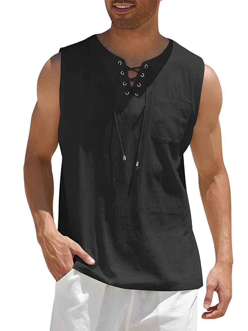 Sven - Luchtige linnen tanktop met vetertouw voor heren Detail