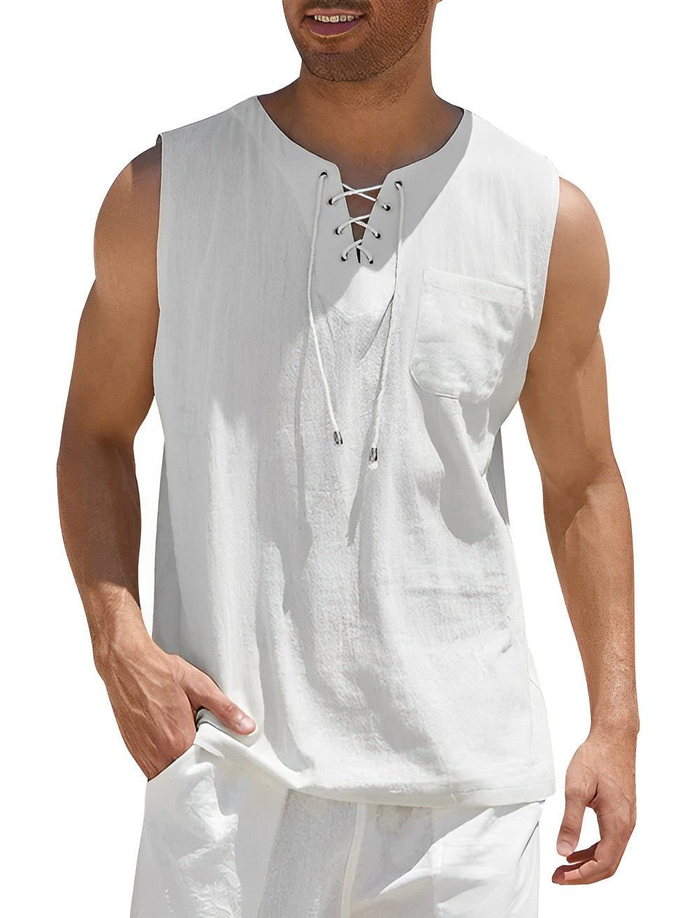 Sven - Luchtige linnen tanktop met vetertouw voor heren View 11