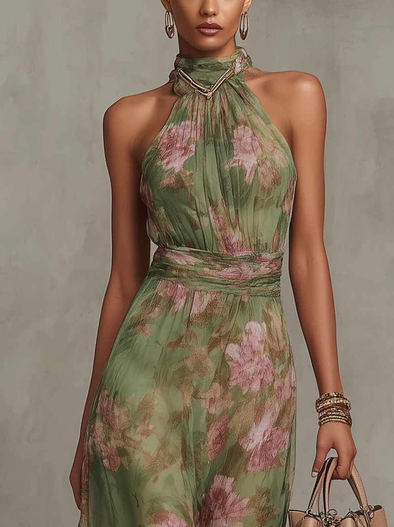 Wies - Elegante bloemen maxi jurk met halternek voor dames Detail