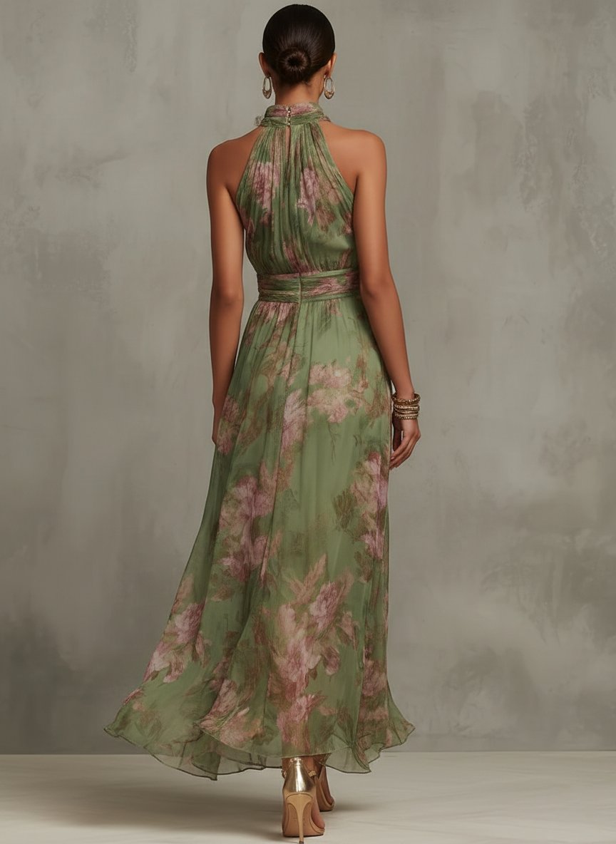 Wies - Elegante bloemen maxi jurk met halternek voor dames Front